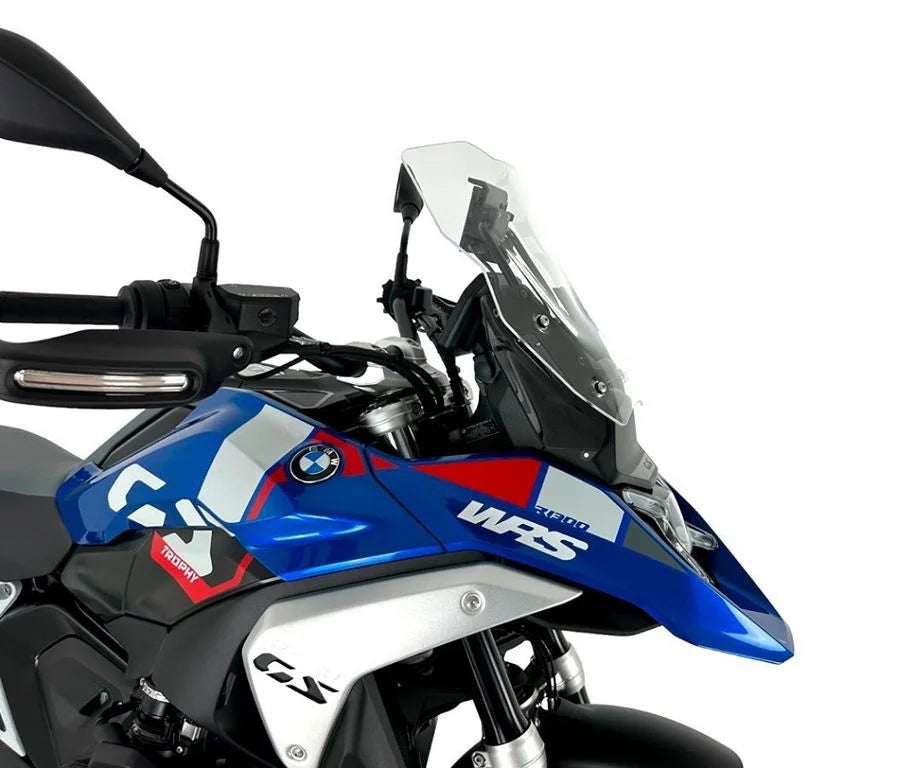 WRS touring windscherm for BMW R1300GS, transparent or smoked, mounted on motorcycle with clear view and sleek design