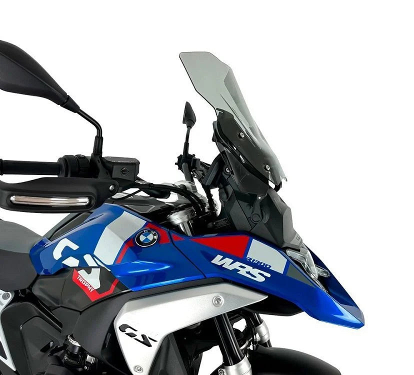 Transparent or smoked WRS touring windscherm for BMW R1300GS motorcycle, providing wind protection and improved aerodynamics.