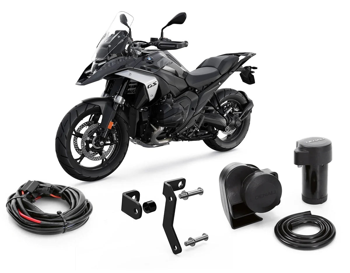 Denali SoundBomb Split bundle for BMW R1300GS motorcycle, includes horn and wiring components, without CANsmart system.