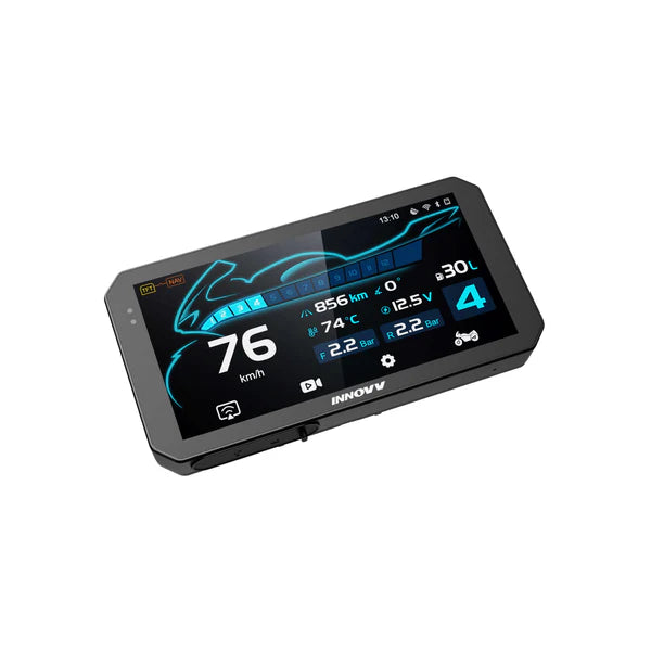 Innovv N3 Quick-Release Smart Display navigation system showing a touchscreen interface with map and route options.