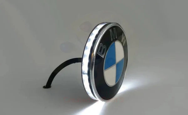 ApexMoto BMW LED emblem side indicator set with 74mm lights, featuring optional daytime running light, on a vehicle.