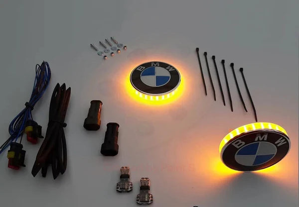 ApexMoto BMW LED embleem side indicator set, 68mm with or without daytime running lights, designed for vehicle enhancement.