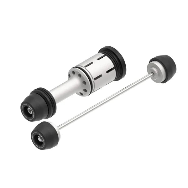 EvoTech TFT fork and drive shaft protection for BMW R1300GS motorcycle, black protective covers on front fork and drive shaft.
