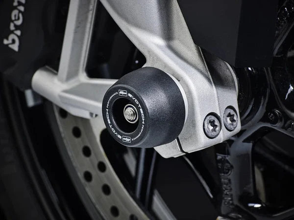 EvoTech TFT fork and driveshaft protection for BMW R1300GS motorcycle, durable black plastic shield with branding