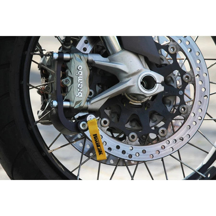 Roadlok XRA Eurosport ART4 100mm disc lock on a BMW R1250GS and R1200 LC motorcycle for secure parking.