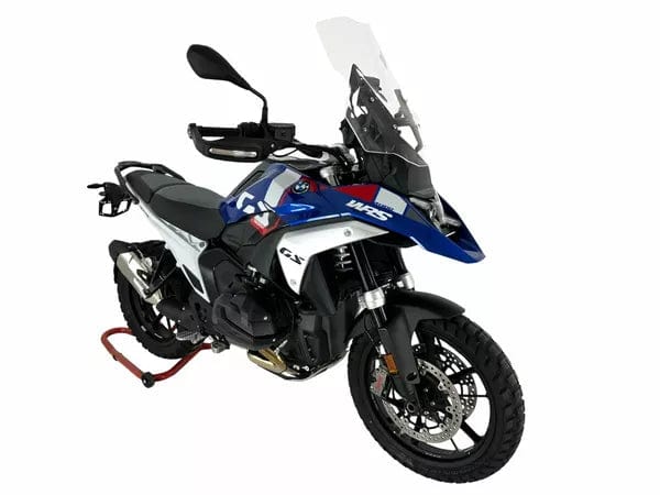 WRS Caponord Plus windscherm for BMW R1300GS, transparent or smoked, mounted on motorcycle for wind protection.