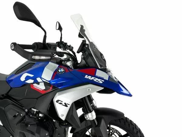 WRS Caponord Plus windscherm for R1300GS, transparent or smoked, mounted on motorcycle with clear and smoked acrylic options.