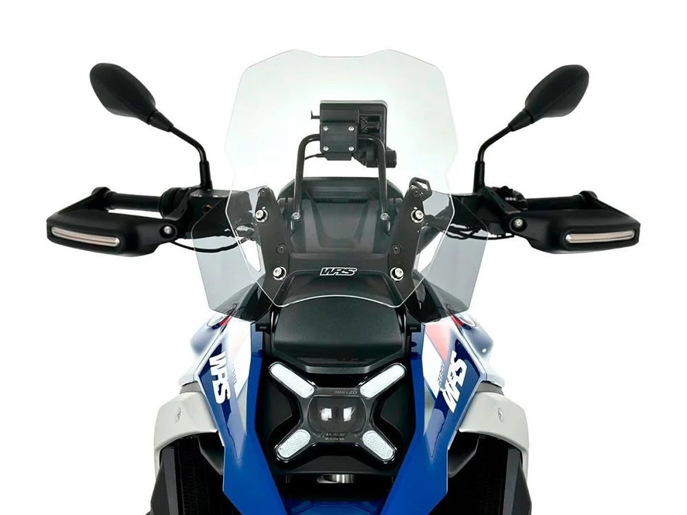Transparent or smoked WRS Caponord windscreen for BMW R1300GS motorcycle, showcasing the sleek, aerodynamic design and clear material.