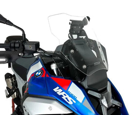 WRS touring windscherm for BMW R1300GS, transparent or smoked, mounted on motorcycle for wind protection and style.