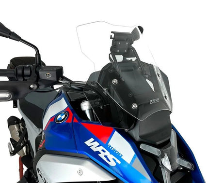 WRS touring windscherm for BMW R1300GS, transparent or smoked, mounted on motorcycle for wind protection and style.
