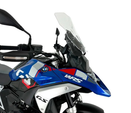 WRS Touring windscherm for BMW R1300GS, transparent or smoked, mounted on motorcycle with clear and tinted options visible