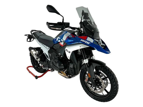 Transparent or smoked WRS Caponord windscreen for BMW R1300GS motorcycle, showing clear and tinted options in a natural setting.