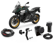Denali SoundBomb Split bundle for BMW R1300GS motorcycle, includes horn and mounting components, no CANsmart module.