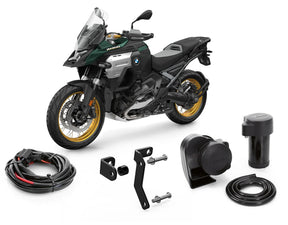 Denali SoundBomb Split bundle for BMW R1300GS motorcycle, includes horn and mounting components, no CANsmart module.