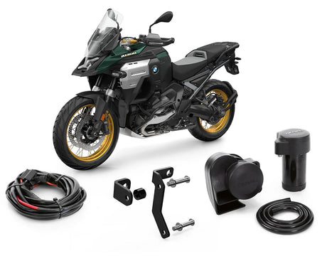 Denali SoundBomb Split bundle for BMW R1300GS motorcycle, includes horn and mounting components, no CANsmart module.