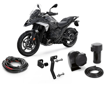 Denali SoundBomb Split bundle for BMW R1300GS motorcycle, includes horn and wiring components, without CANsmart system.