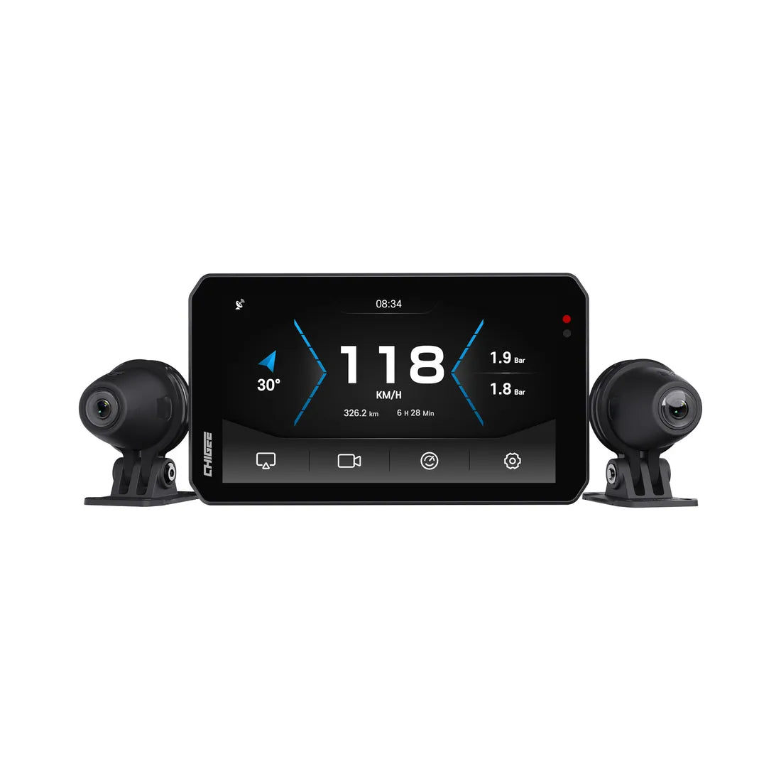 ApexMoto Chigee AIO-5 EVO motorcycle smart riding system displayed on a sleek control panel with digital display and buttons.
