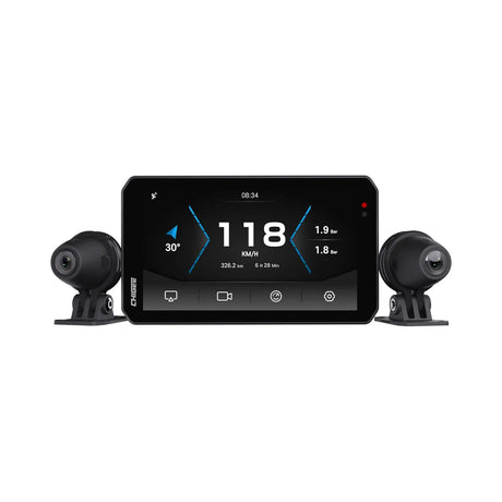 ApexMoto Chigee AIO-5 EVO motorcycle smart riding system displayed on a sleek control panel with digital display and buttons.