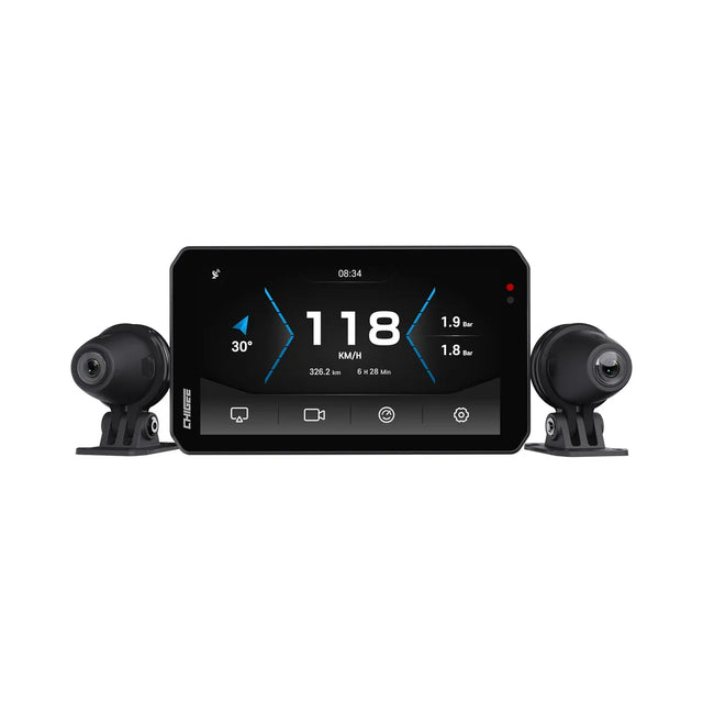 ApexMoto Chigee AIO-5 EVO motorcycle smart riding system displayed on a sleek control panel with digital display and buttons.