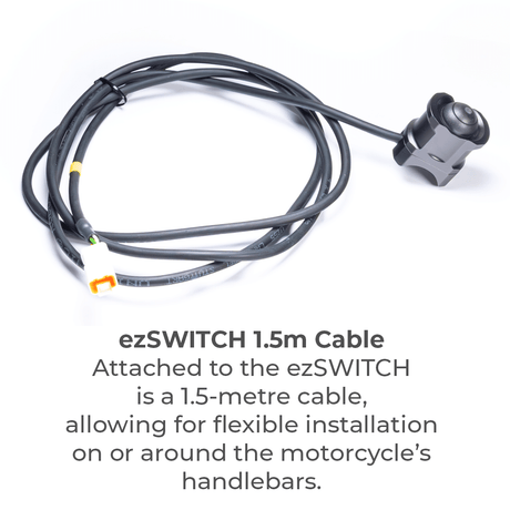 Hex Innovate HEX ezSWITCH remote control with buttons and display, shown with its contents and device components.