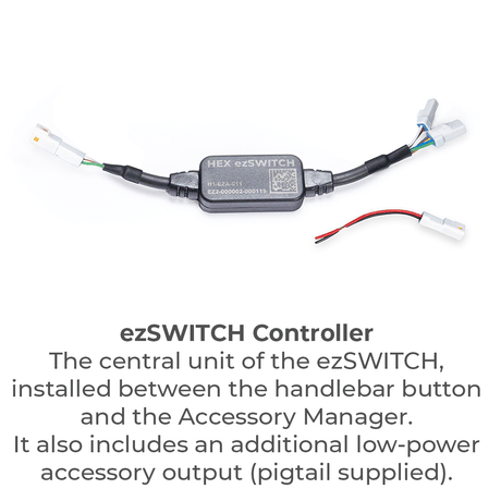 Hex Innovate HEX ezSWITCH remote control with buttons and display, showcasing its compact design and user interface.
