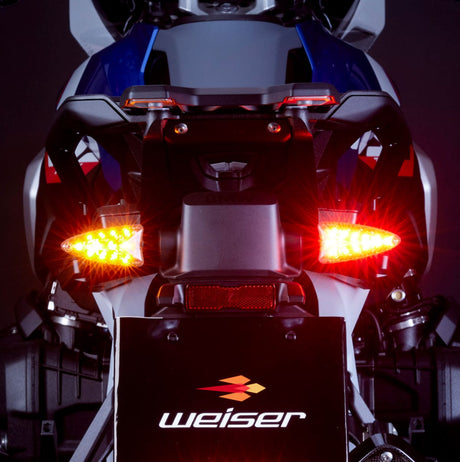 Weiser LED multifunction flashing turn signals with plug-and-play design, shown on a vehicle for visibility and safety.
