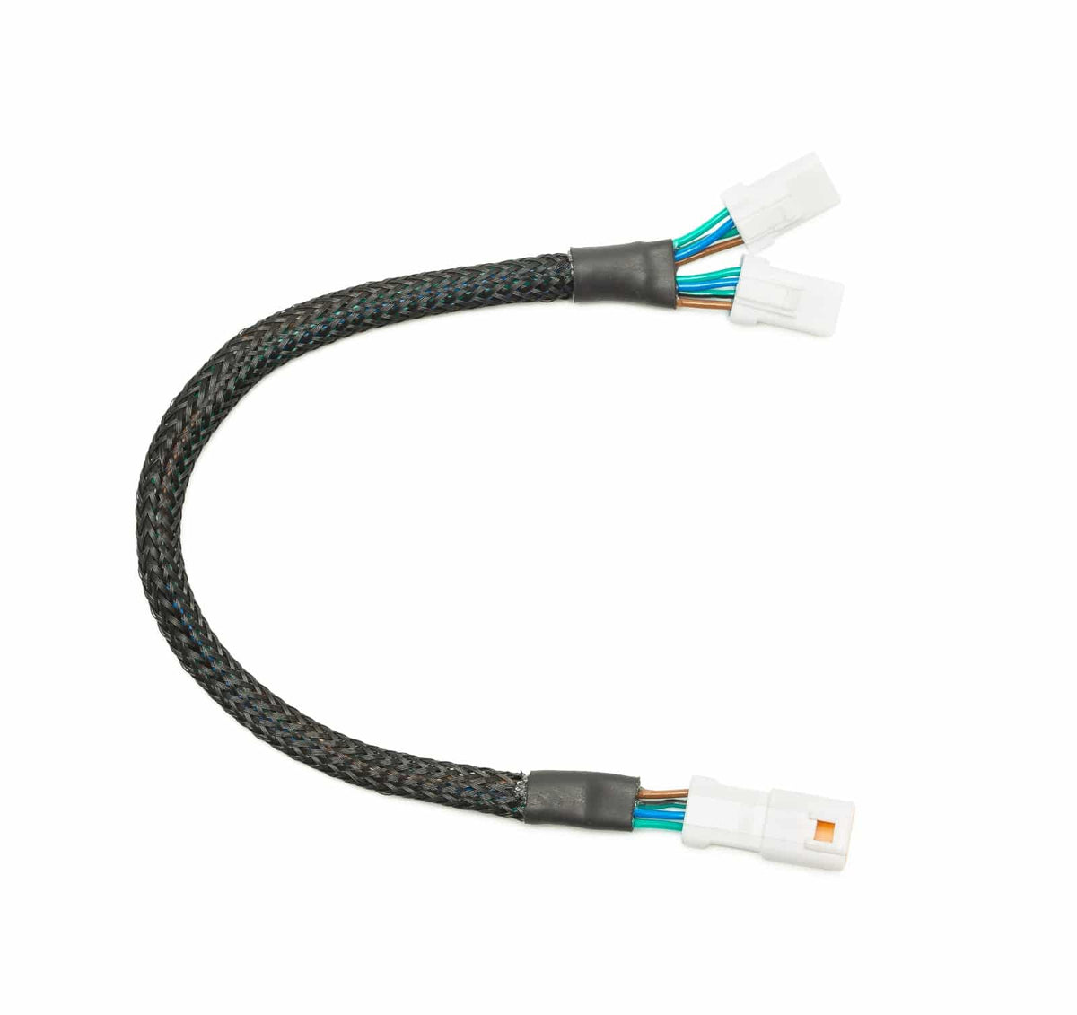 HEX Innovate ezCAN universal splitter cable for motorcycle wiring, showcasing the compact connector and cable design.