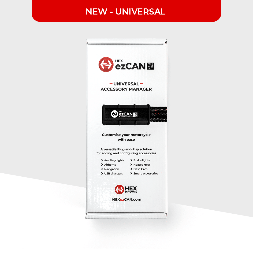 Hex Innovate HEX ezCAN PURE device box showing the ezCAN controller for motorcycle lighting customization.