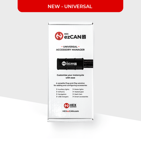 Hex Innovate HEX ezCAN PURE device box showing the ezCAN controller for motorcycle lighting customization.