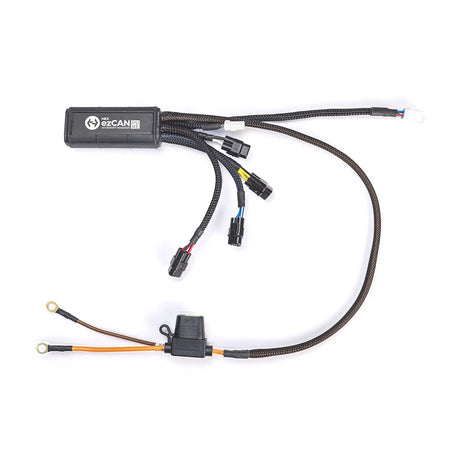 Hex Innovate HEX ezCAN PURE device for motorcycle lighting control, showing the compact black ezCAN module with wiring connections.