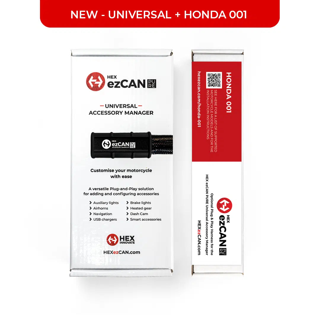 HEX ezCAN PURE by Hex Innovate for Honda motorcycles, showing the compact electronic control unit with wiring connections.