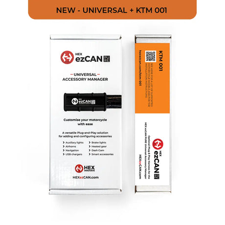 HEX ezCAN PURE from Hex Innovate, a compact electronic control unit for KTM motorcycles, shown in the product image.