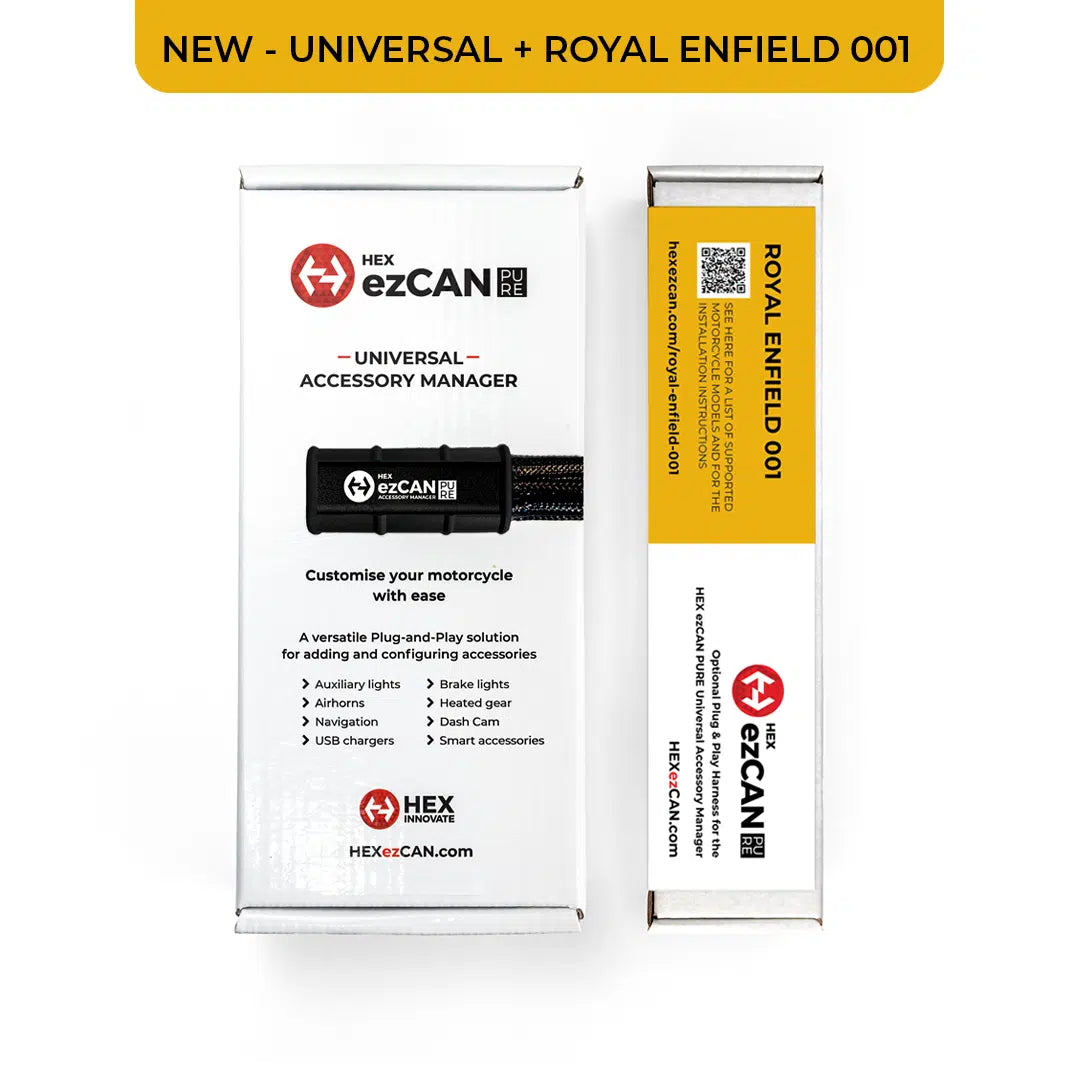 HEX ezCAN PURE by Hex Innovate, a compact electronic control unit for Royal Enfield motorcycles, shown in the image.