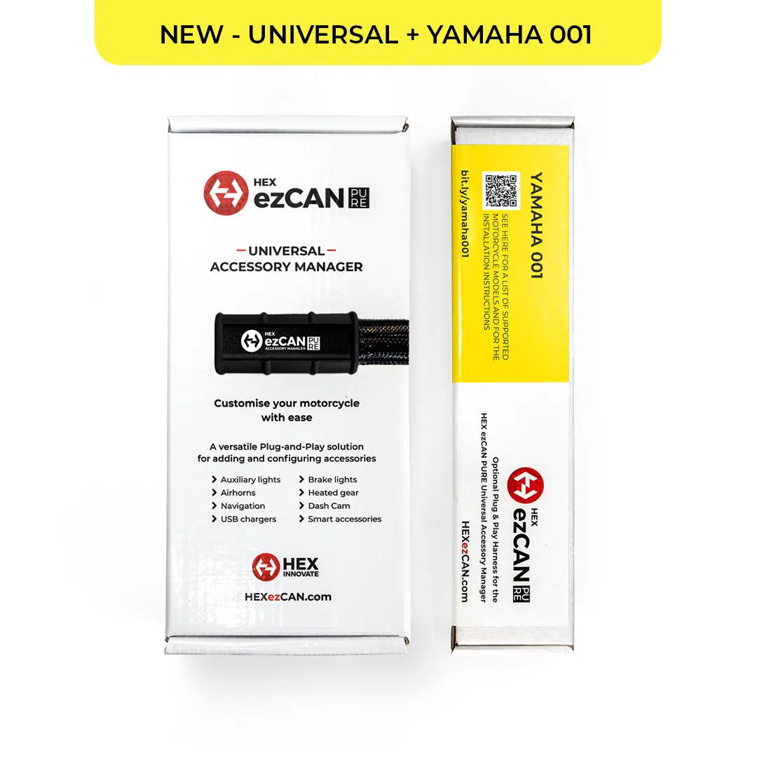 HEX ezCAN PURE by Hex Innovate, a compact electronic control module for Yamaha motorcycles, shown in the product image.