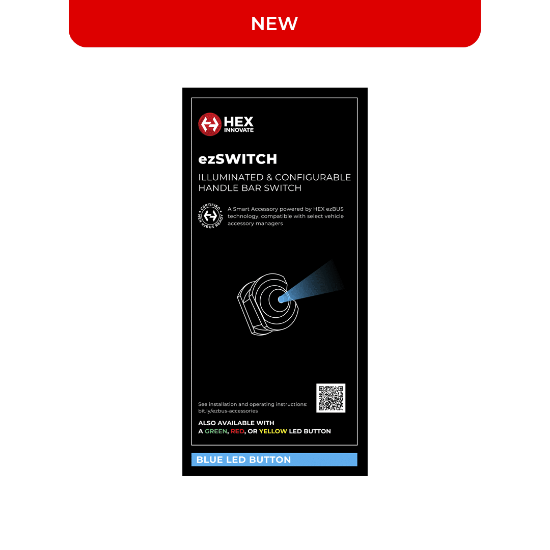 Blue HEX ezSWITCH remote control by Hex Innovate, compact and ergonomic for easy wireless operation.
