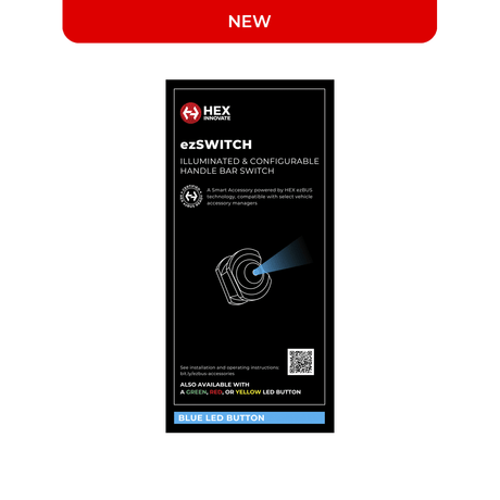 Blue HEX ezSWITCH remote control by Hex Innovate, compact and ergonomic for easy wireless operation.