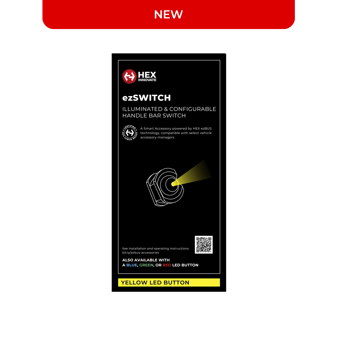 Yellow HEX ezSWITCH remote control by Hex Innovate, showing buttons and sleek design for easy device management.