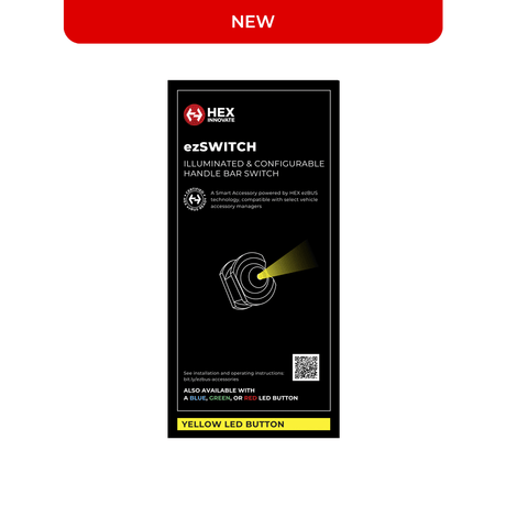 Yellow HEX ezSWITCH remote control by Hex Innovate, showing buttons and sleek design for easy device management.