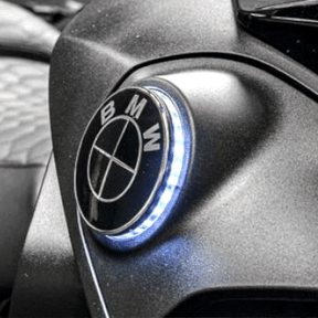 ApexMoto BMW LED emblem indicator set with 70mm size, featuring optional daytime running lights and bright LED illumination.