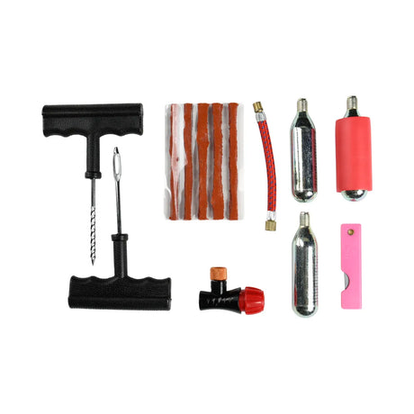 Macna Bandenreparatie Kit with tools and patches for repairing motorcycle tires, shown in a compact, organized package.