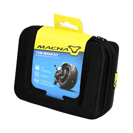 Macna Bandenreparatie Kit with tire repair tools and patches for motorcycle or bicycle tire repairs.
