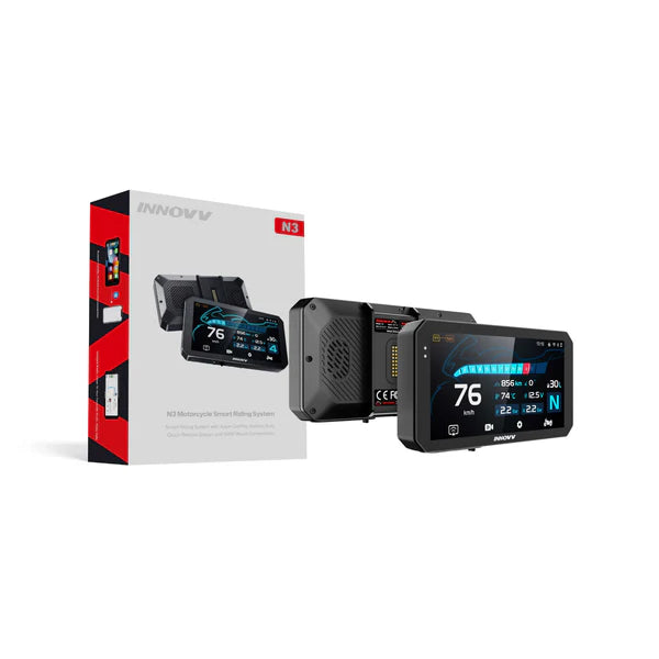 Innovv N3 Quick-Release Smart Display navigation system showing a sleek touchscreen with map interface and quick-release mount.
