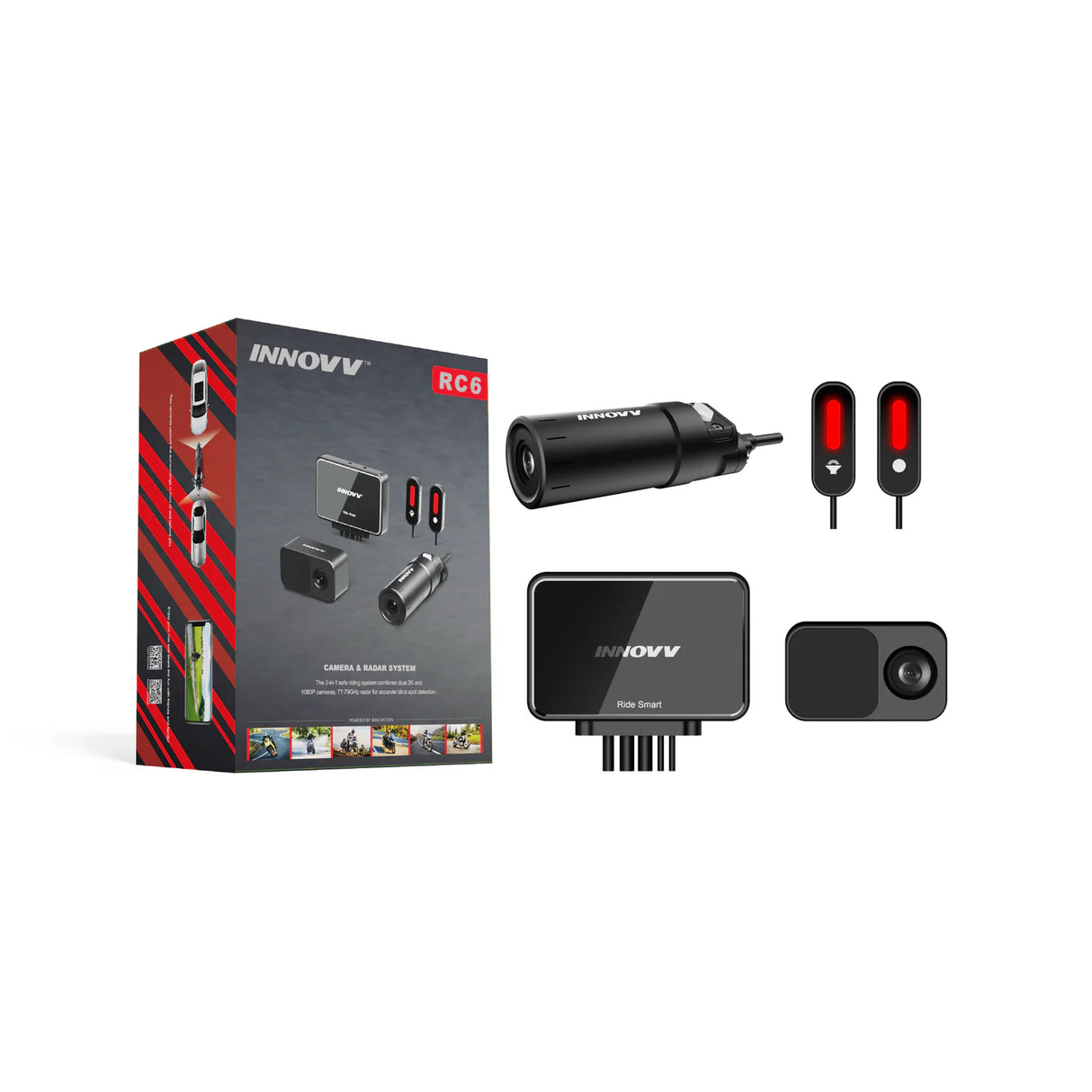 Innovv RC6 BikeGuard dashcam mounted on a motorcycle handlebar, capturing road footage with wide-angle lens and sleek design.