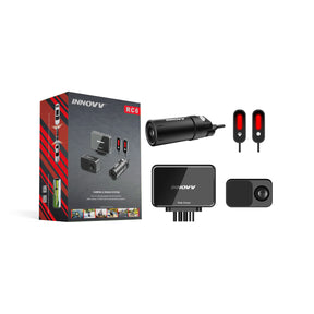 Innovv RC6 BikeGuard dashcam mounted on a motorcycle handlebar, capturing road footage with wide-angle lens and sleek design.