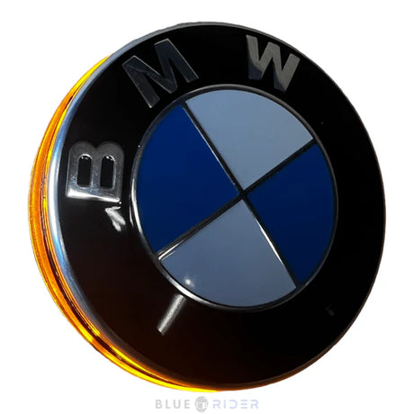 BMW embleem LED knipperlicht set 68mm with optional daytime running lights, ApexMoto, showing LED turn signal lights on car side mirrors.