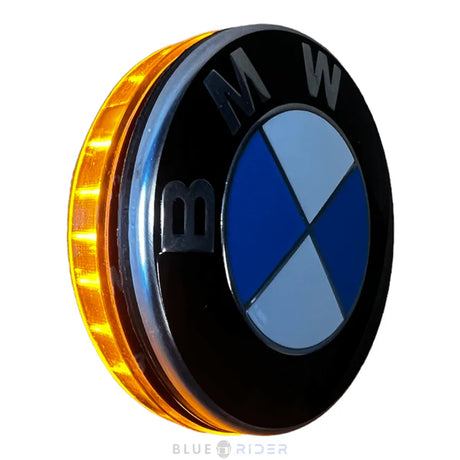 ApexMoto BMW LED emblem turn signal set with 68mm lights, featuring optional daytime running lights, installed on a vehicle.