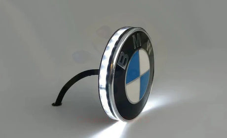 ApexMoto BMW LED emblem side indicator set with 74mm lights, featuring optional daytime running light, on a vehicle.