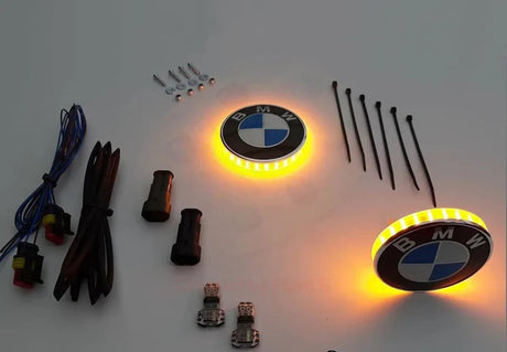 ApexMoto BMW LED embleem side indicator set, 68mm with or without daytime running lights, designed for vehicle enhancement.
