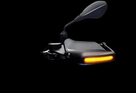 ApexMoto blue rider daytime running light and turn signal for hand guards on BMW 1300GS motorcycle.