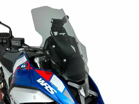 WRS Caponord Plus windscherm for BMW R1300GS, transparent or smoked, mounted on motorcycle, with clear and smoked options visible.